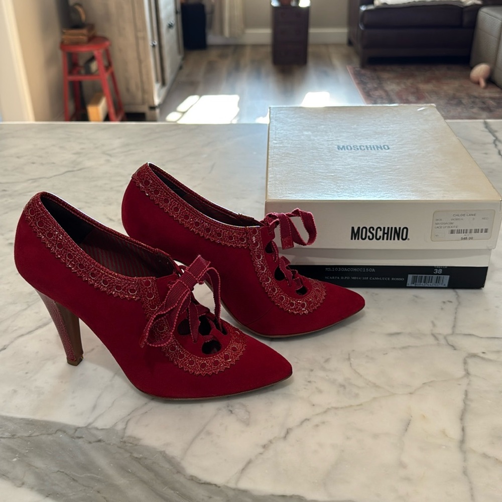 Authentic Moschino Red Suede Lace Up Bootie